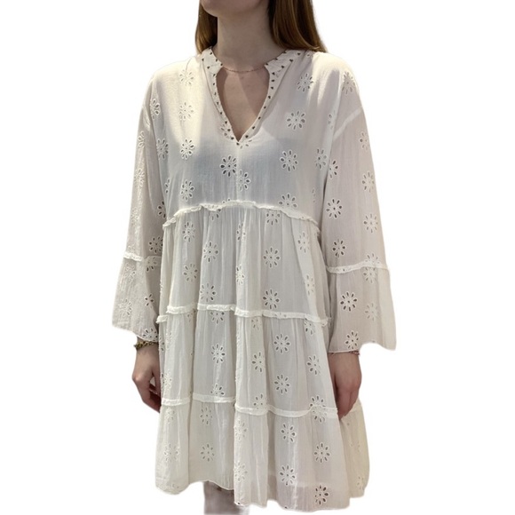 MAISON HOTEL Dennis Short Tiered Embroidered Dress in Ivory - Picture 2 of 12